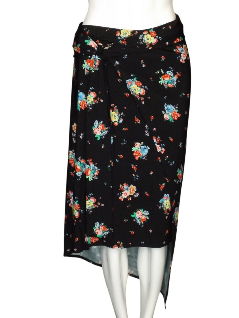 PACO RABANNE Skirt, 36/S, Black Floral, Asymmetrical, Long/Midi, Stretch waist